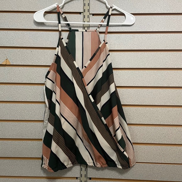 Tops - Womens XL Striped‎ Wrap V Neck Cami Tank Top Green Peach White